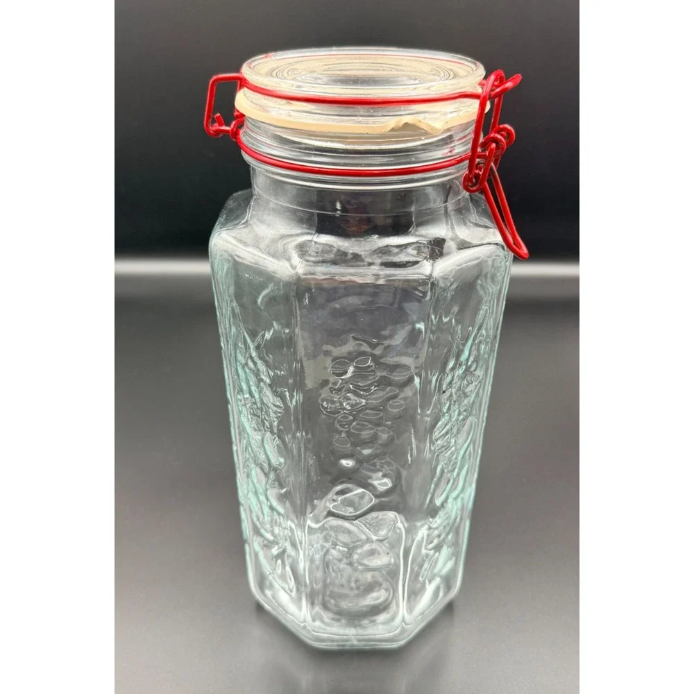 Vintage Glass Storage Jar Octagon Embossed Fruits Vegetable France Red Wire Bale